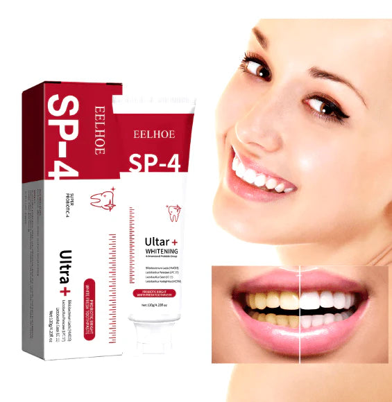 Eelhoe SP-4 whitening product packaging with a before-and-after image of teeth.