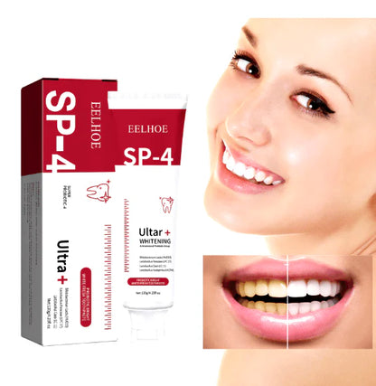 Eelhoe SP-4 whitening product packaging with a before-and-after image of teeth.