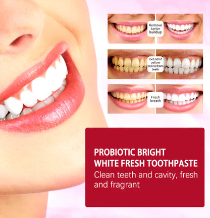 Advertisement for probiotic bright white fresh toothpaste showing before and after effects on teeth.